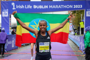 Sorome Negash of Ethiopia celebrates after winning the 2023 Irish Life Dublin Marathon. 
