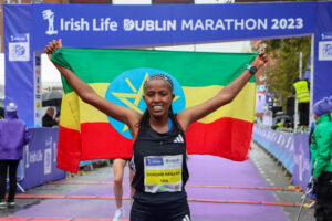 Sorome Negash of Ethiopia celebrates after winning the 2023 Irish Life Dublin Marathon.